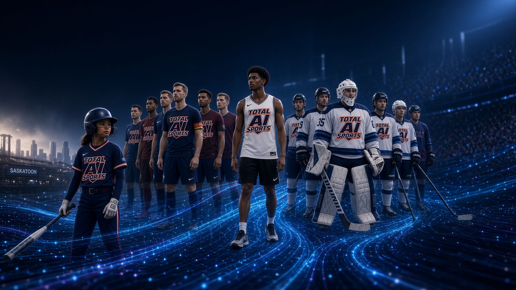 Athletes across softball, soccer, basketball, and hockey on a digital field
